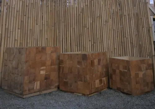 Product image of the product “Wooden planter, cubic form made from teak root. Set of 3, in the size 70, 60 and 50 cm ”